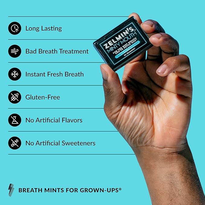 Zelmin's Minty Mouth Breath Freshener - (12 Pack) Long Lasting Bad Breath Treatment for Adults, Instant Freshness Helps with Dry Mouth, Natural Breath Mints for Travel, Alcohol-Free, Keto, Gluten-Free