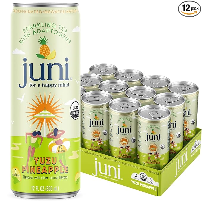 Juni Sparkling Adaptogen Drink with Ashwagandha, Lion’s Mane & Reishi Mushrooms | Green Tea for Focus, Zero Sugar, 5 Calories | Decaffeinated, Non Alcoholic Drinks - Yuzu Pineapple 12 pack-StrideForce Fitness