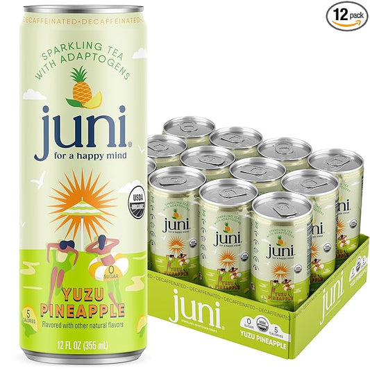 Juni Sparkling Adaptogen Drink with Ashwagandha, Lion’s Mane & Reishi Mushrooms | Green Tea for Focus, Zero Sugar, 5 Calories | Decaffeinated, Non Alcoholic Drinks - Yuzu Pineapple 12 pack-StrideForce Fitness