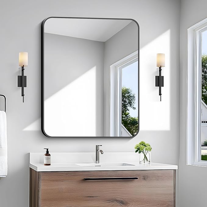 30x36 inch Bathroom Mirror,Black Rectangle Mirror,Wall Mounted Bathroom Frame Vanity Mirror with Round Corner for Bedroom Living Room, Entryway Hangs Horizontal or Vertical-StrideForce Fitness