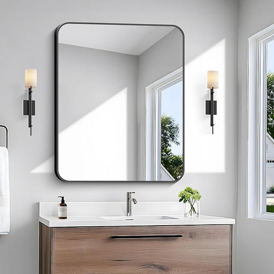30x36 inch Bathroom Mirror,Black Rectangle Mirror,Wall Mounted Bathroom Frame Vanity Mirror with Round Corner for Bedroom Living Room, Entryway Hangs Horizontal or Vertical-StrideForce Fitness
