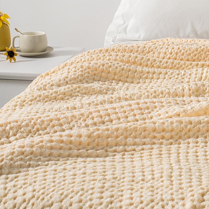 Carriediosa 100% Cotton Waffle Weave Blanket 400GSM Breathable Thermal Blankets for Bed Couch Sofa Soft and Cozy Throws for All Season Home Decor, 50"X 60" Light Yellow-StrideForce Fitness
