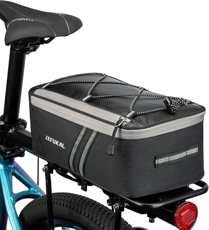 JXFUKAL Rear Bike Rack Bag with Rain Cover, 7L/9L/10L/12L Waterproof Bicycle Ebike Saddle Bag Cycling Pannier Trunk Carrier with Reflector & Adjustable Cord for Commuter Travel Outdoor-StrideForce Fitness