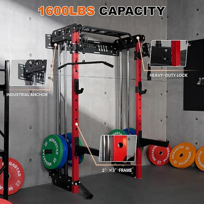 Wall Mounted Power Rack – 1600LB Capacity Compact Commercial Home Gym with Dual Cable Crossover, LAT Pulldown, Multi-Grip Pull-Up Bar & Landmine Attachment for Small Spaces, P67 Striker Red-StrideForce Fitness