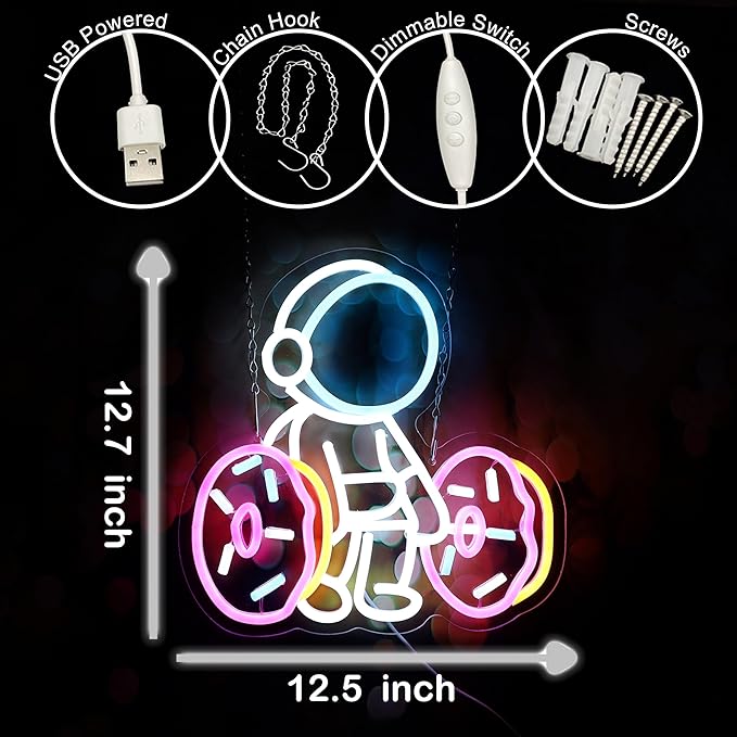 Astronaut Lifting Donut Neon Sign Astronaut Donut Neon Light Astronaut Light Sign Dimmable Bakery LED Neon Light for Club Decor Man Cave Game Room Bar Pub 12.5"×12.7"-StrideForce Fitness