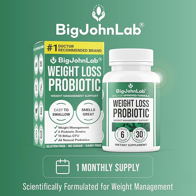 BIGJOHNLAB® - Probiotics for Weight Management & Bloating - 6 Probiotic Strains - Prebiotics - Key Ingredient Cayenne & Green Tea - Supports Gut Health - Weight Management for Women & Men - 30 CT-StrideForce Fitness
