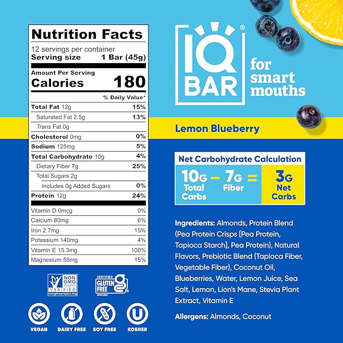 IQBAR Brain and Body Plant Protein Bars - Lemon Blueberry - 12-Count Low Carb - Gluten Free, High Fiber, Vegan Snacks - Low Sugar Meal Replacement-StrideForce Fitness
