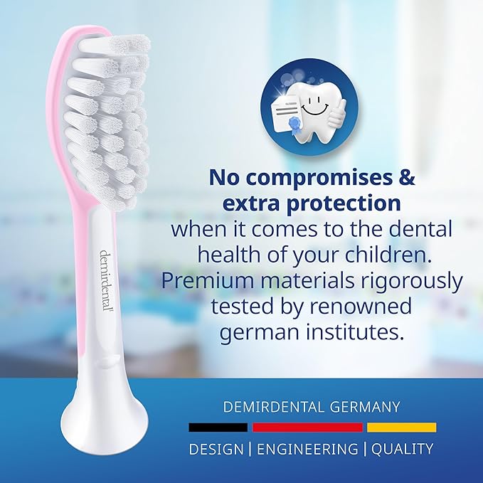 demirdental Kids Toothbrush Heads Compatible with Philips Sonicare Kids Toothbrush Heads - Replacement Heads Sensitive - Brush Heads from Ages 7 to 10 - Pink - Replaces HX6048-8 Pack
