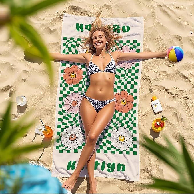 JML Personalized Beach Towel with Name, Custom Flower Beach Towel, Customized Microfiber Pool Towel, Quick Dry & Absorbent Swim Towel for Adult,Mother's Day, Birthday, Summer Holiday,Vacation-StrideForce Fitness