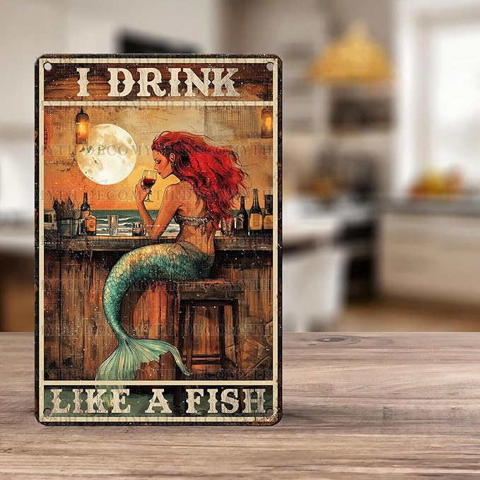 Vintage Mermaid Tin Sign I Drink Like A Fish Retro Wall Decor Decorations for Home Funny Wine Lover Nostalgic Metal Poster Indoor Store Cafe Toilet Kitchen Garden Bar Pubs Man cave 12 * 8inch-StrideForce Fitness