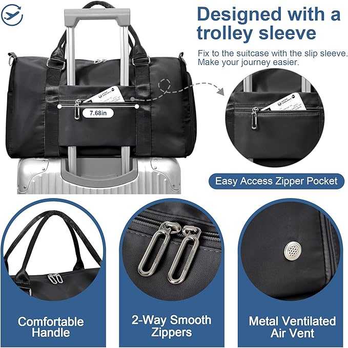 FIORETTO Womens Gym Tote Duffle Bag with Wet Pocket & Shoe Compartment, Sports Duffel Overnight Weekender Hospital Workout Carry on Bag for Girls, Ideal for Travel, Swimming, Dance, Ballet Black-StrideForce Fitness