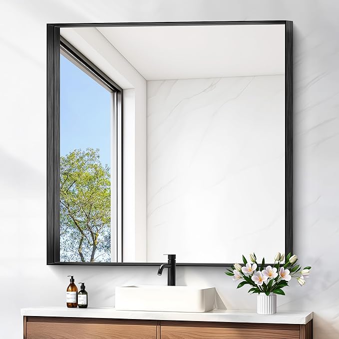 Black Bathroom Mirror, 42x42 Inch Rectangular Framed Mirror, Large Wall Mounted Bathroom Vanity Mirror Over Sink for Bedroom,Restroom, Living Room, Hangs Vertically or Horizontally-StrideForce Fitness