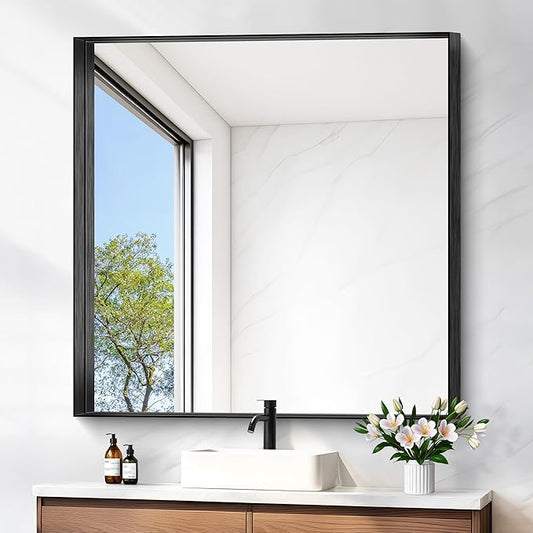 Black Bathroom Mirror, 42x42 Inch Rectangular Framed Mirror, Large Wall Mounted Bathroom Vanity Mirror Over Sink for Bedroom,Restroom, Living Room, Hangs Vertically or Horizontally-StrideForce Fitness