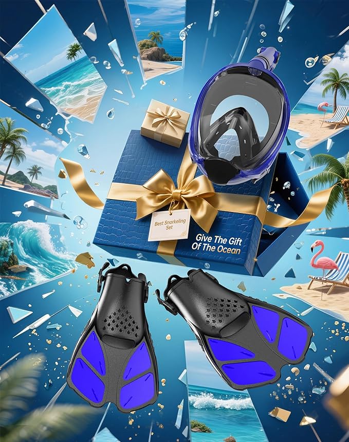 Mask Fins Snorkeling Gear for Adults, Full Face Snorkel Mask & Adjustable Swim Fins Snorkel Set, Panoramic View Snorkel Mask Dry Top Anti-Fog Anti-Leak-StrideForce Fitness