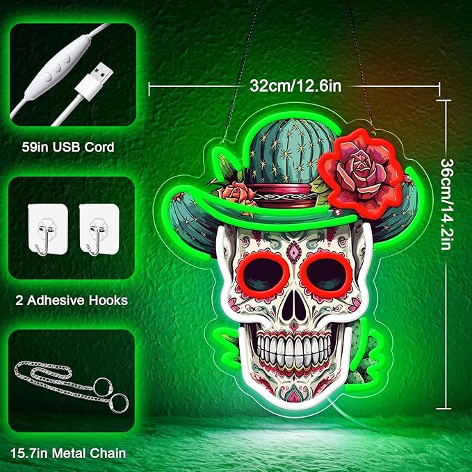 Day of the Dead Neon Sign - Mexican Sugar Skull LED Neon Light for Home & Bar Decor,UV Printed Art with Flexible LED Strip,Halloween & Día de Muertos Party Decoration（green)-StrideForce Fitness