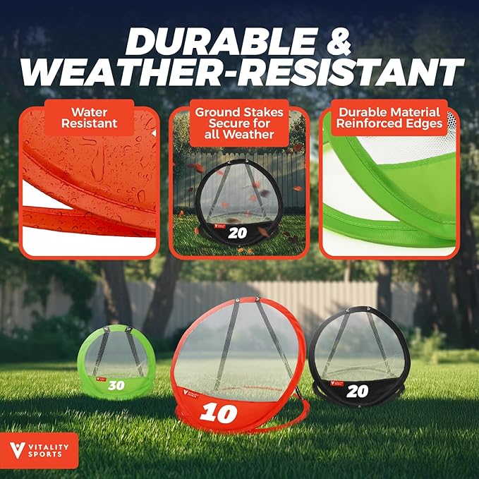 Vitality Sports Golf Chipping Net, 3PCS Pop-Up Golf Practice Net for Backyard, Indoor Outdoor Chipping Game with 3 Targets, 1 Hitting Mat, 20 Balls, Tee Box, Golf Gift for Men-StrideForce Fitness