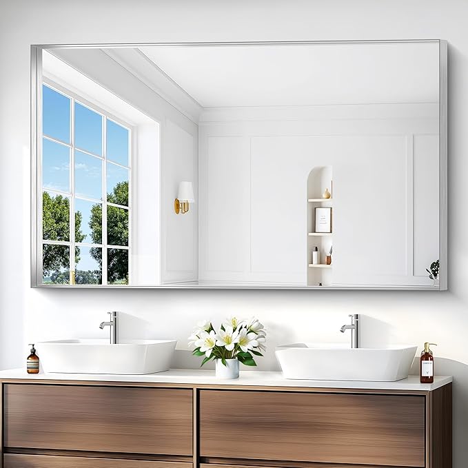 Silver Bathroom Mirror, 36x60 Inch Rectangular Deep Frame Mirror, Large Wall Mounted Bathroom Vanity Mirror Over Sink for Bedroom,Restroom, Living Room, Hangs Vertically or Horizontally-StrideForce Fitness