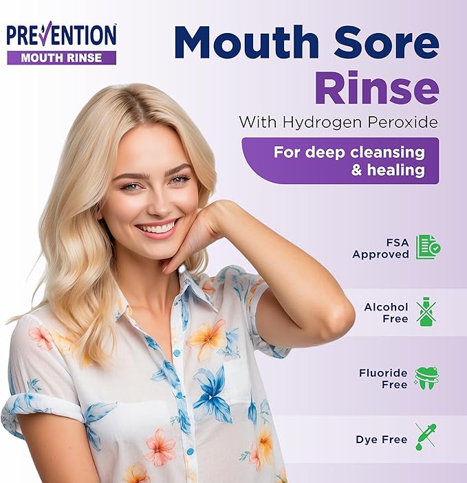 Prevention Mouth Sore Mouth Rinse, Canker Sore Treatment, Oral Pain Relief Mouthwash for Ulcers and Sores, Braces, with Hydrogen Peroxide, Alcohol-Free, Fluoride Free, 16 oz, Soothing Mint, 4 Pack