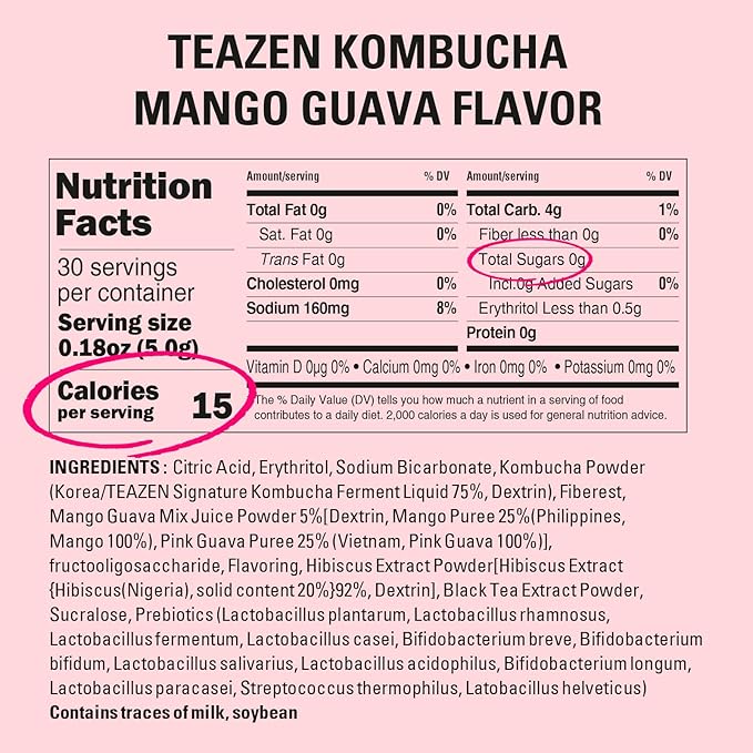 TEAZEN Mango Guava Kombucha Tea, Hydration Drink Mix, Sugar Free, Live Probiotics & Prebiotics, 30 Sticks, 5.29oz-StrideForce Fitness