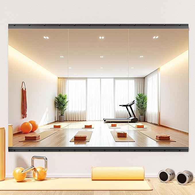 Hasipu 3 Pcs 48''x24'' Home Gym Mirror Large Full Length Wall Mounted Full Body Mirror for Yoga Dance Fitness Exercise Studio Bedroom Garage, Frameless Tempered Glass Workout Mirrors Black Rectangular-StrideForce Fitness