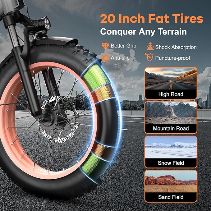 Folding Electric Bike for Adults with Peak 1000W Motor, 48V 20AH Battery up to 30MPH 80 Miles, 20" Fat Tire All Terrain Ebike, Front Suspension 7-Speed Commuter E Bike, Step-Thru, UL Certified-StrideForce Fitness