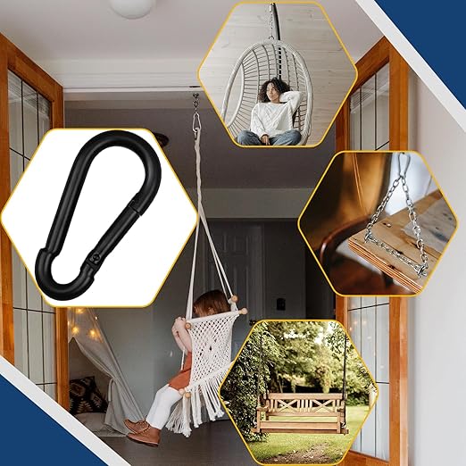 60Pcs 3" Heavy Duty Spring Snap Hook Carabiners, M8 5/16" Galvanized Steel Black Carabiner Clip, Quick Link Keychain for Hammock Swing Set Outdoor Travel Camping Fishing Hiking-StrideForce Fitness