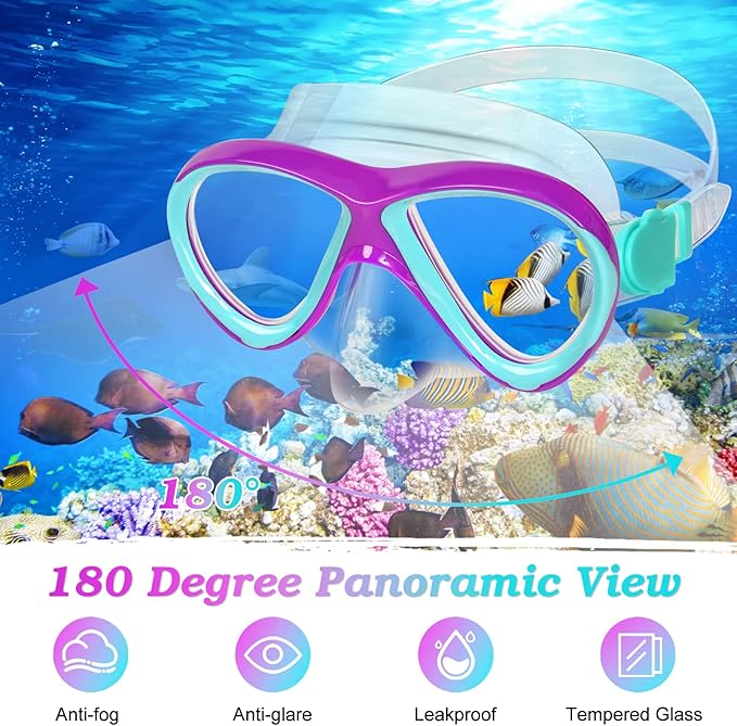Kids Mask Fins Snorkel Set, Dry Top Snorkeling Gear for Kids Youth Boys Girls Junior Age 5-15 Tempered Glass Snorkel Mask Set Panoramic View Snorkeling Packages-StrideForce Fitness