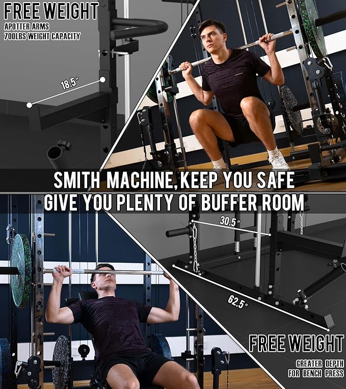 Eonfit E3 Smith Machine with 360°Rotating Arm for Home Gym Equipment, Multi-Function Power Cage Squat Rack with Cable Crossover LAT Pulldown Pulley System All in One-StrideForce Fitness