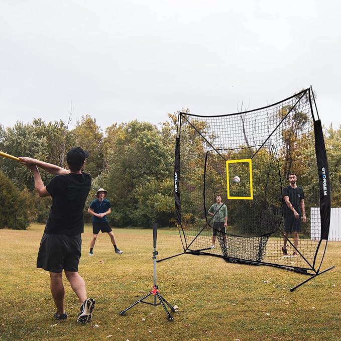 Storgem Baseball and Softball Practice Net 7×7ft Portable Hitting Pitching Batting Training Net Baseball Backstop Net with Batting Tee and Strike Zone and Bow Frame-StrideForce Fitness
