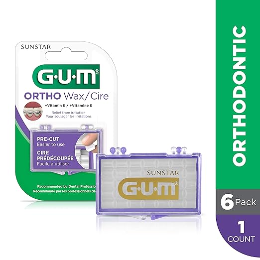 GUM Orthodontic Wax for Braces and Dental Devices - Soothing Dental Wax with Vitamin E and Aloe Vera - Clear Color - Unflavored (Pack of 6)