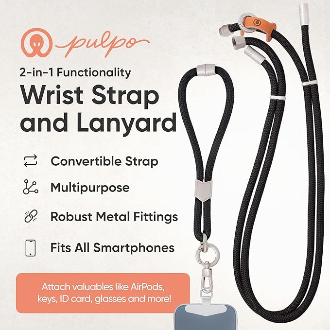 Pulpo 2-in-1 Cell Phone Wrist Strap and Lanyard Black - Anti Theft Phone Lanyard for Men & Women, Wrist Straps for Phones, Lanyards for Smartphones, Adjustable Cellphone Leash & Safety Strap Tether-StrideForce Fitness