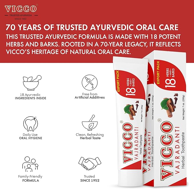 Vicco Vajradanti Ayurvedic Herbal Toothpaste by Vicco – 70 Year Legacy of Ayurveda, with 18 Ayurvedic Herbs & Barks, 100% Natural, Vegan, Fluoride-Free & Cruelty-Free – 7 oz (3 Pack)