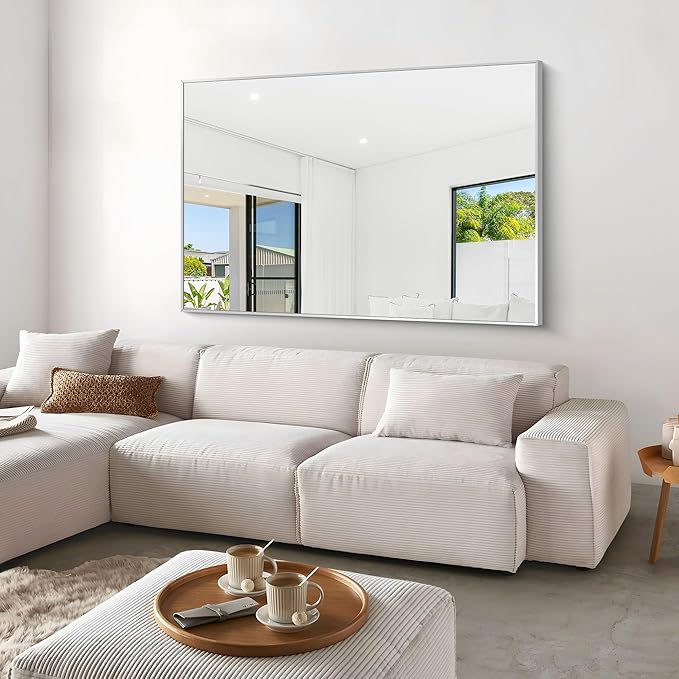 Silver Bathroom Mirror,60x40 inch Wall Mirror for Bathroom Wall Mounted,Large Rectangle Mirror for Bathroom Over Sink,Modern Metal Frame for Living Room,Bedroom Entryway,Horizontal/Vertical-StrideForce Fitness