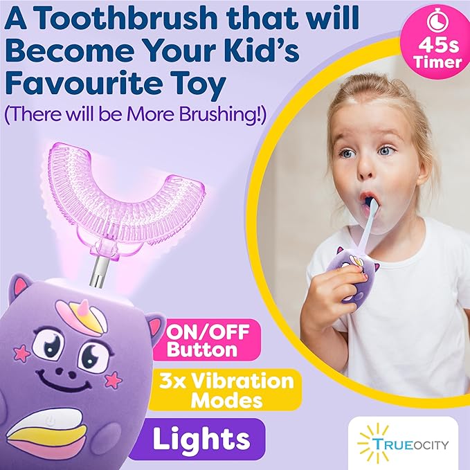 Trueocity Kids U Shape Toothbrush Auto Electric Toddler Rechargeable Kids Automatic Toothbrush | 360° U-Shaped Silicone Brush Head | Gentle Cleaning for Ages 2–7 | Unicorn Design (Purple)