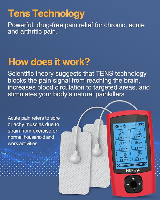 NURSAL 24 Modes TENS Unit Muscle Stimulator, Rechargeable Electronic Pulse Massager with 8 Pads for Back and Shoulder Pain Relief and Muscle Strength (Red)-StrideForce Fitness