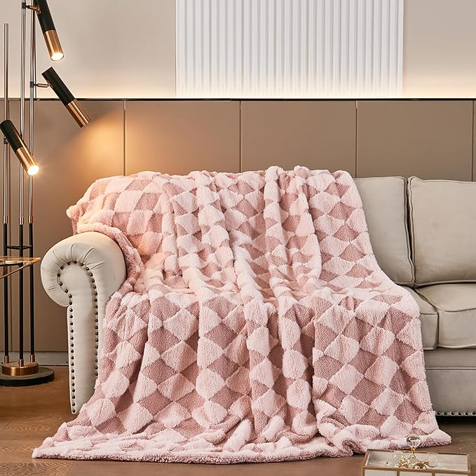 PU MEI Luxury Faux Fur Rabbit Fur Throw Blanket Pink 90"x80",Plush Reversible Sherpa Blankets,Queen Fuzzy Elegant Blanket Thick Throws for Bed,Washable Bedding Accent Blankets for Sofa Couch Chair-StrideForce Fitness