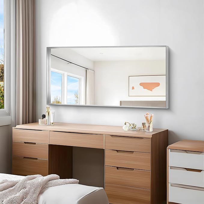 Silver Bathroom Mirror, 24x48 Inch Rectangular Framed Mirror, Large Wall Mounted Bathroom Vanity Mirror Over Sink for Bedroom,Restroom, Living Room, Hangs Vertically or Horizontally-StrideForce Fitness