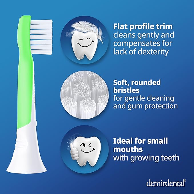 demirdental Kids Mini Toothbrush Heads Compatible with Philips Sonicare Compact Kids Toothbrush Heads - Replacement Heads Sensitive - Brush Heads from Ages 3 to 6 - Green - Replaces HX6038-8 Pack