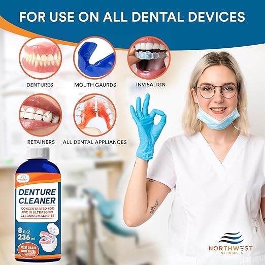 Ultrasonic Denture Cleaner - Denture Cleaner for All Types of Dentures - Denture Cleaning Solution Removes Stains, Plaque, Grime, and Build-up (8 Ounces)