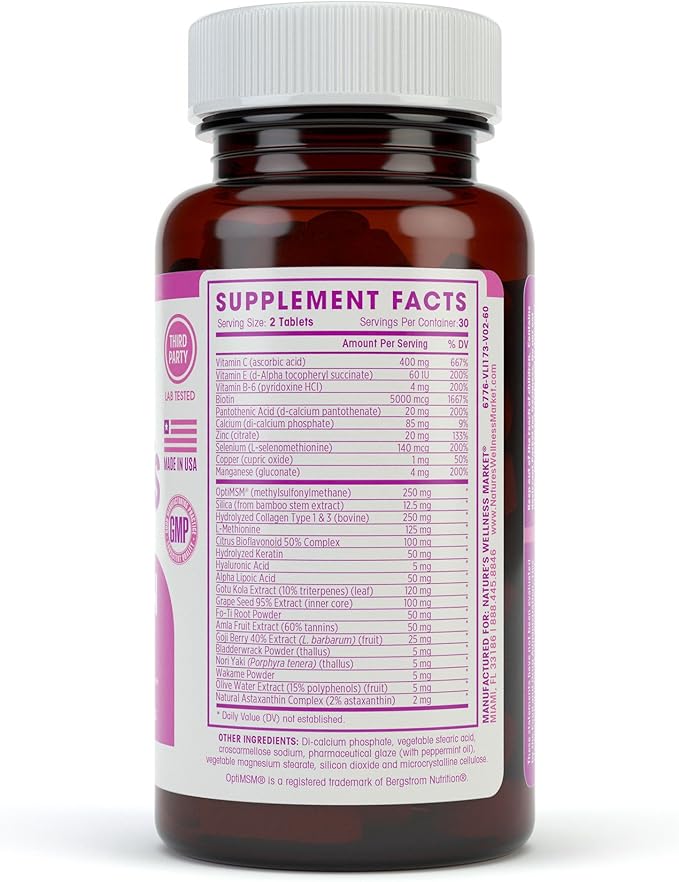 Natures Wellness Hair, Skin & Nails Essential Nourishing Supplement, 60-Count | 4000mcg Biotin + Vitamins A, C and E, B Complex Vitamins, and Advanced Nutrients per Capsule | 100% All-Natural-StrideForce Fitness