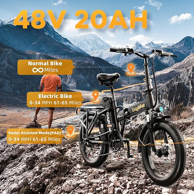 1000W Folding Electric Bike, 48V 20AH Large Removable Battery E Bike, 30+MPH, 80 Miles Max Range, 20" Fat Tire Electric Bike for Adults, Adult Electric Bicycles for Commute Beach Snow-StrideForce Fitness