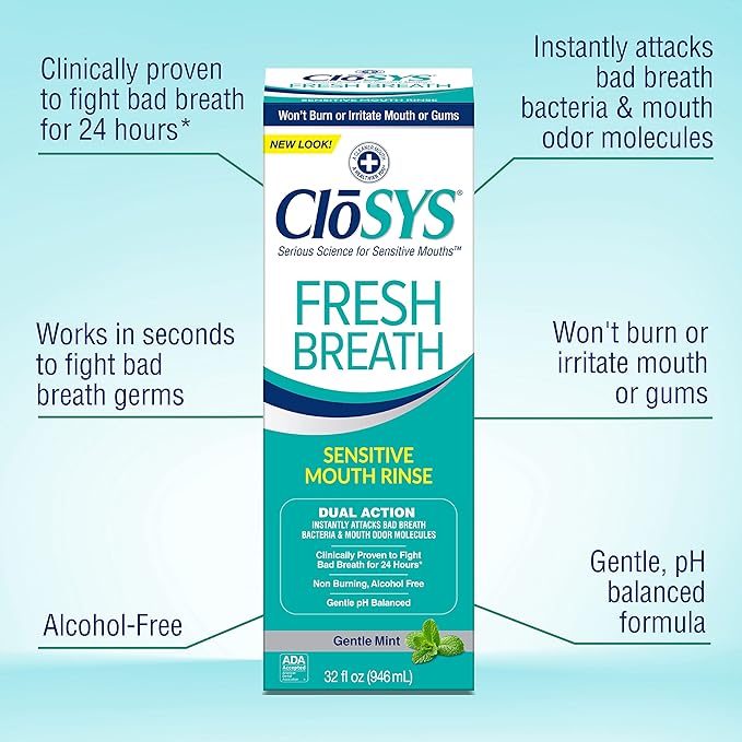 CloSYS Sensitive Mouthwash, 32 Ounce, 2 Count, Gentle Mint, Alcohol Free, Dye Free, pH Balanced, Helps Soothe Mouth Sensitivity, Fights Bad Breath