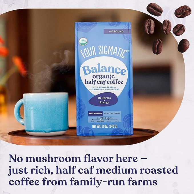 Four Sigmatic Organic Balance Adaptogen Ground Coffee | Medium Roast USDA Organic Coffee with Ashwagandha, Chaga Mushroom, Eleuthero and Tulsi for Focus and Energy Boosting | 12oz Bag-StrideForce Fitness