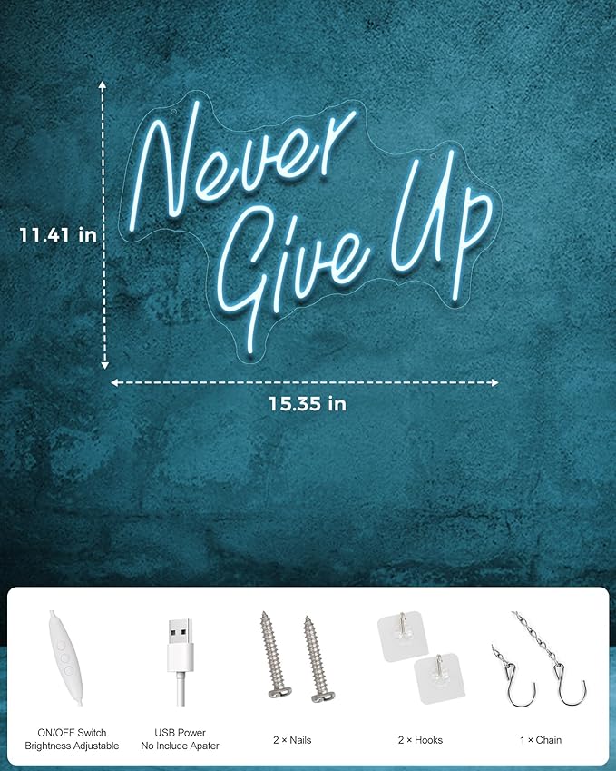 YIKBIK NEVER GIVE UPLED Neon Sign for Wall Decor,Neon Lights Party Decorations, USB Powered Switch Neon Lights lighting adjustable for Office Room, Gym Room, Man Cave, Gamer Room-StrideForce Fitness