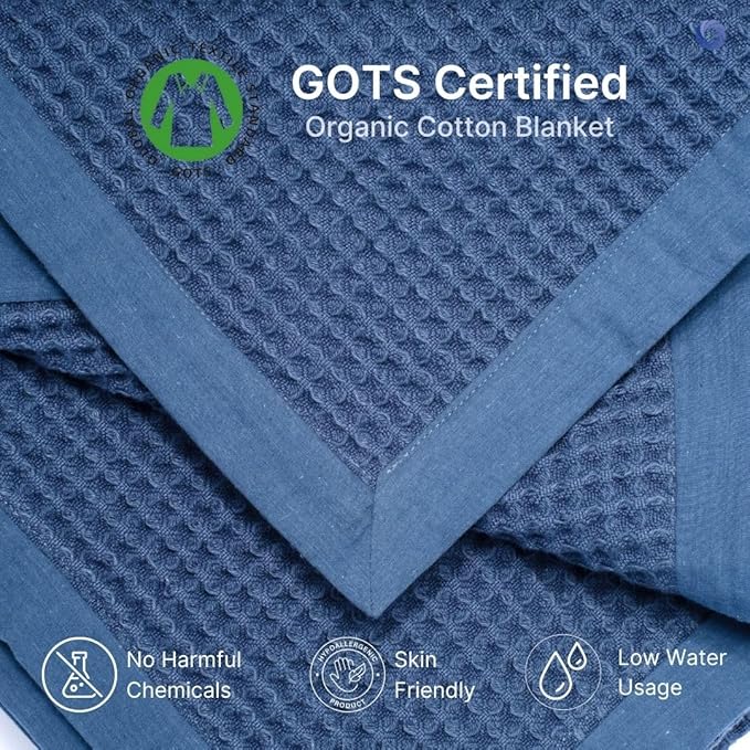 GOTS Certified Organic Cotton Waffle Weave Blanket, King Bed Size,108"X90" Cozy Throw Blanket for Couch, Modern Home Decor, Throw Blankets,Comfy Waffle Blanket Soft Bed Blankets-Navy Blue-StrideForce Fitness