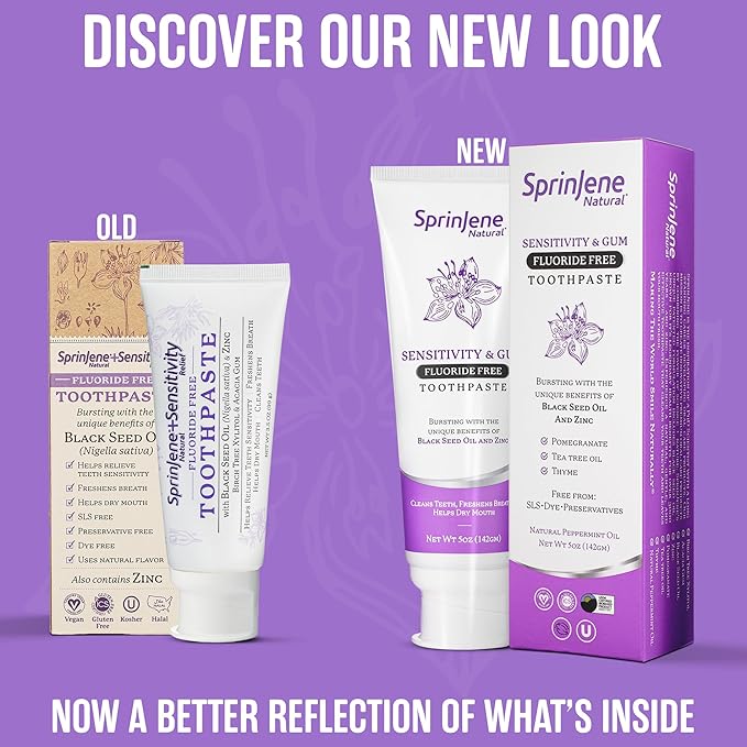 SprinJene Natural Fluoride Free Toothpaste for Sensitive Teeth & Gums – Patented Toothpaste with Black Seed Oil & Zinc – Vegan Dry Mouth Prevention for Fresh Breath – Made in The USA (2 Pack)