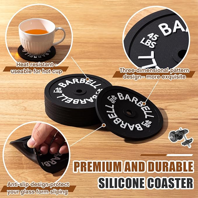 8 Pcs Barbell Bumper Plate Cool Coasters Round Silicone Coasters Weight Plate Coaster with Rack Holder for Gym Lovers Gym Accessories(Black)-StrideForce Fitness
