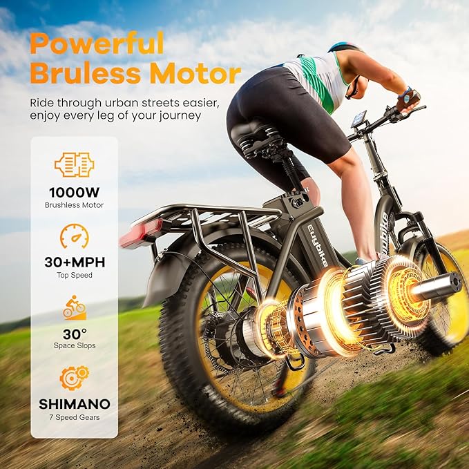 Folding Electric Bike for Adults with Peak 1000W Motor, 48V 20AH Battery up to 30MPH 80 Miles, 20" Fat Tire All Terrain Ebike, Front Suspension 7-Speed Commuter E Bike, Step-Thru, UL Certified-StrideForce Fitness