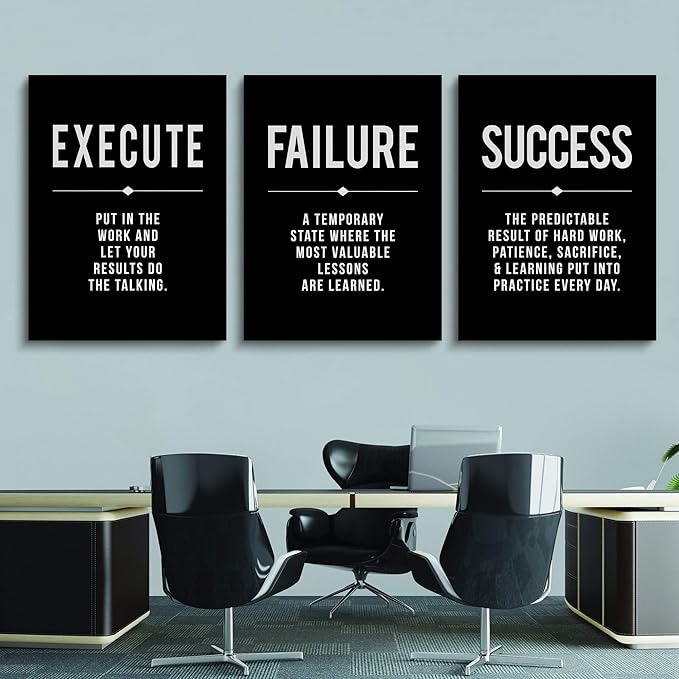 Framed Canvas Wall Art Success Quote, Office Wall Art, Black Large Poster, Positive Motivational Set of 3 Prints, Execute Failure Definition, Inspirational Print (A-3pcs,24x36inchx3pcs)-StrideForce Fitness