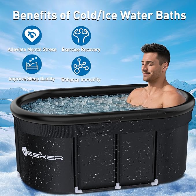 Yesker 110 Gal Oval Ice Bath Tub with Air Ring, Portable Multi-Layered Cold Plunge Tub with Lid for Athletes, Foldable and Inflatable, One Person Hot Bathtub at Gym, Yard, Home, Outdoors Use-StrideForce Fitness